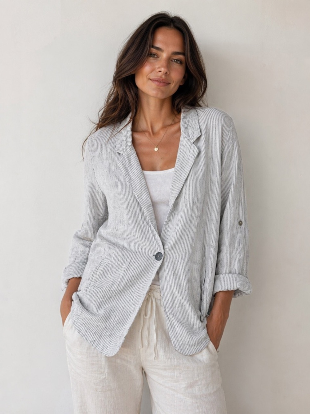 Christina Siriano Linen Blazer Jacket Women L pin Stripe Lightweight Summer Chic